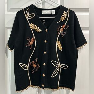 Belle Pointe Vintage Wooden Bead Monkey Cardigan Sweater Size XL Boho Artsy Cord